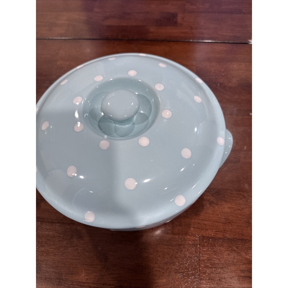 Spode Baking Days 2007 A10 Round Lid Casserole Dish Blue White‎ Polka Dots Retro